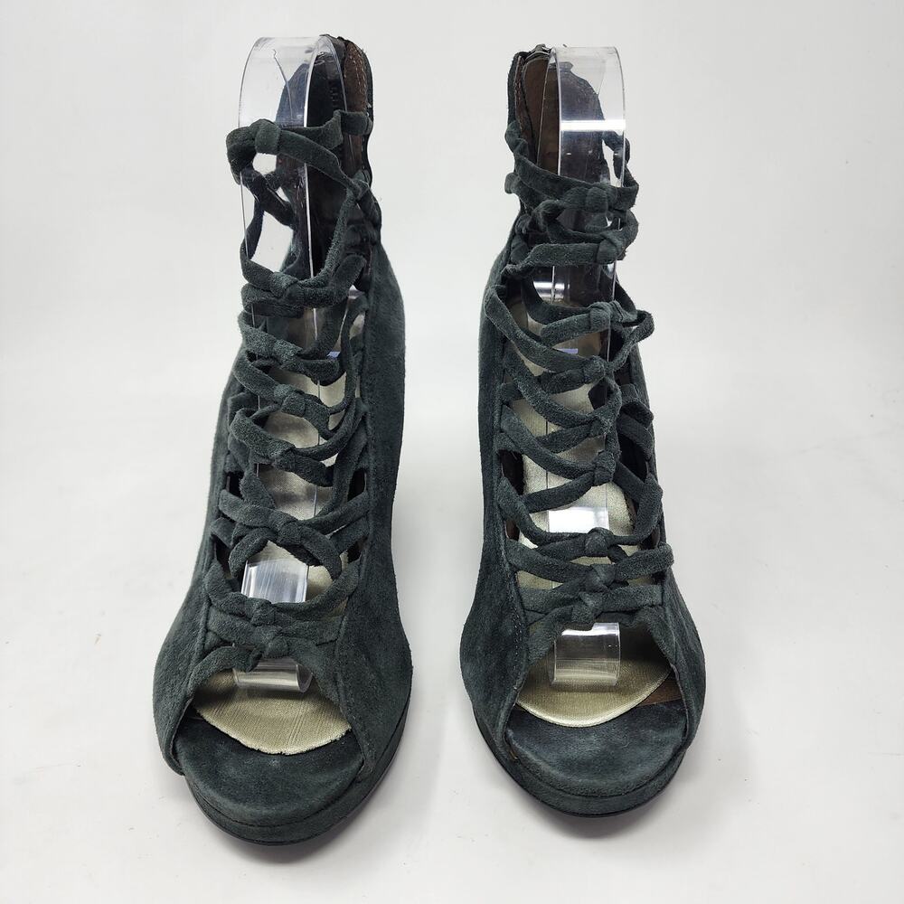 B. Makowsky Wedge Heels Women 6.5 Famie Green Suede strappy platform Peep Toe - Picture 3 of 9